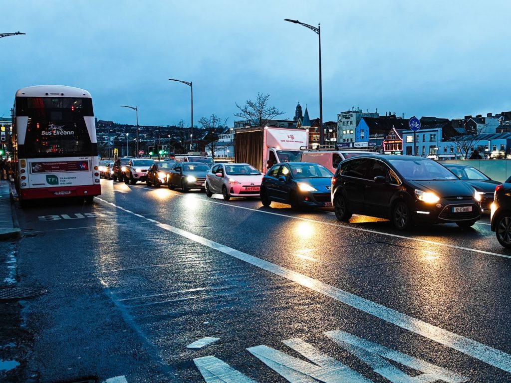 At 5 p.m., traffic builds up in Merchant Quay.